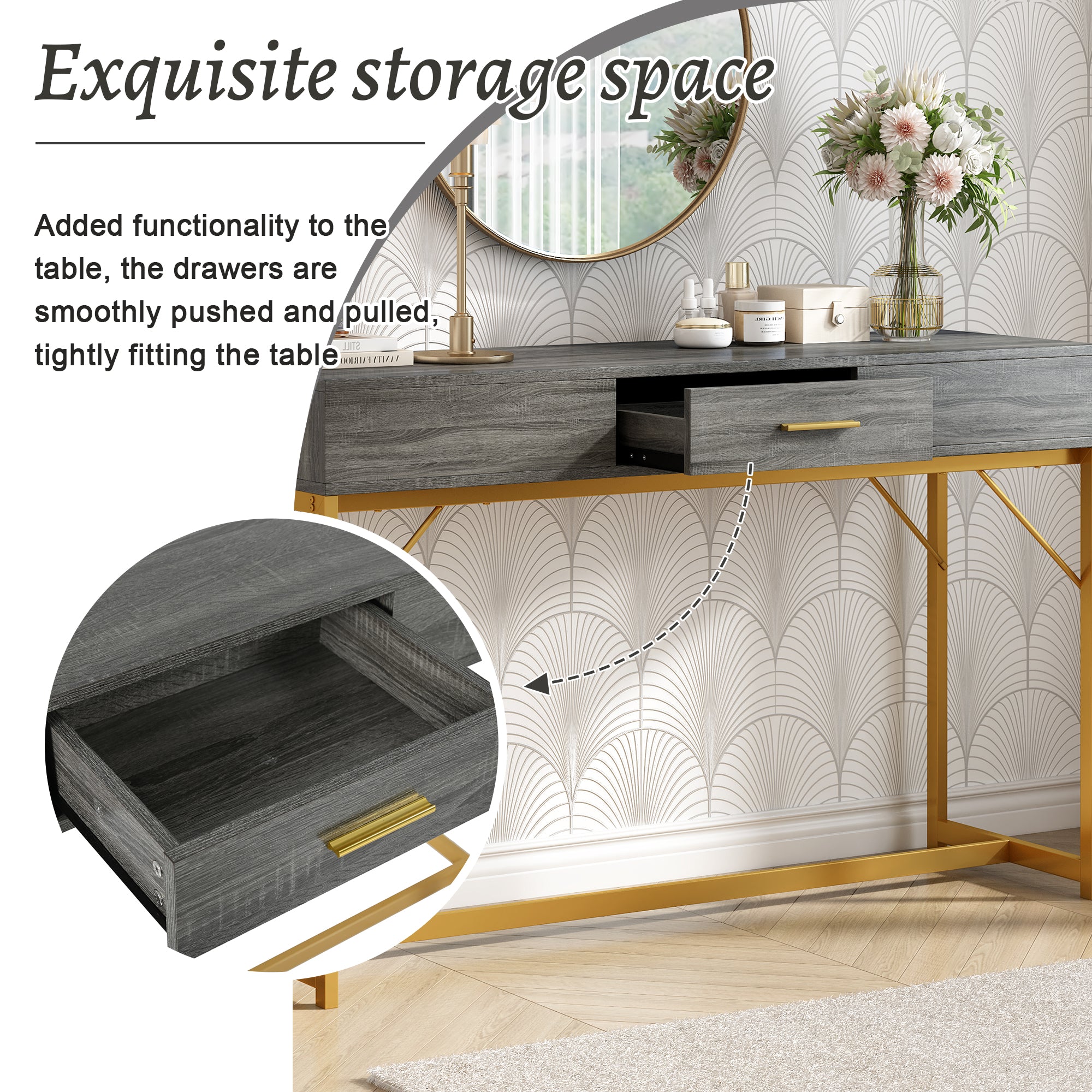 Console table, hallway table with 1 drawer, light luxury style side table, sofa table, 120x38x76 cm, gray/gold