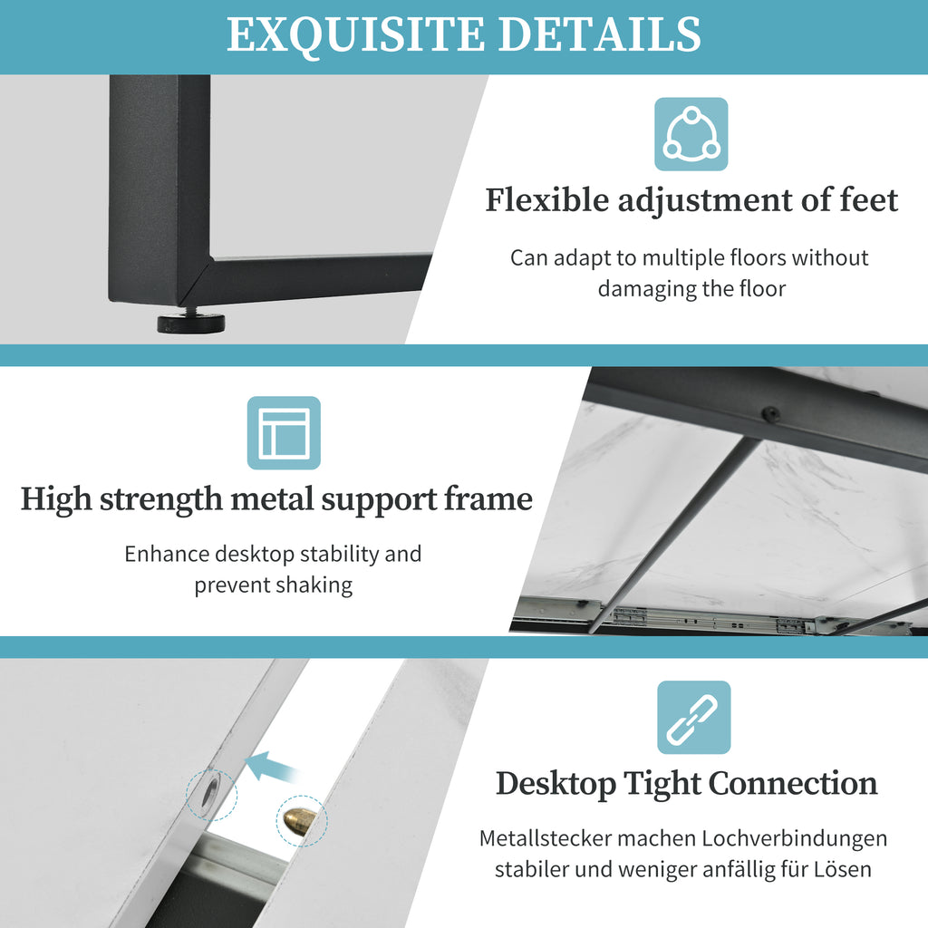 Dining table telescopic table, 140/180x80x75cm, iron metal legs & square tube legs (modern white MDF table top with marble patterns), dual use for home & office