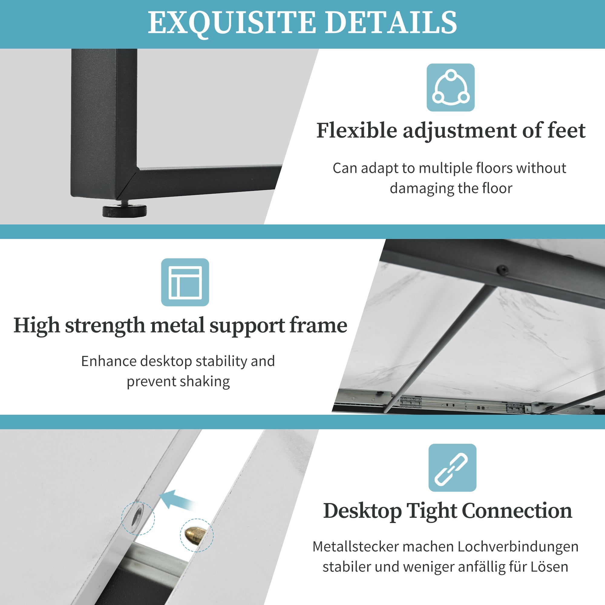 Dining table telescopic table, 140/180x80x75cm, iron metal legs & square tube legs (modern white MDF table top with marble patterns), dual use for home & office