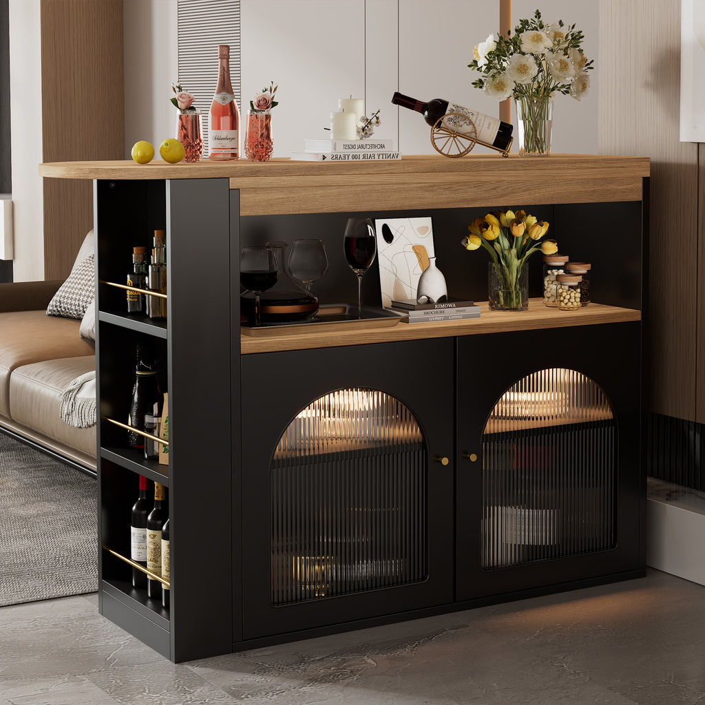 Modern Extendable Kitchen Island Table (138-193X39X105CM), Extendable Dining Table with Storage, Bar Bistro Table, Swivel, for Dining Room, with 1m LED Strip (Adjustable Light Colour),Schwarz