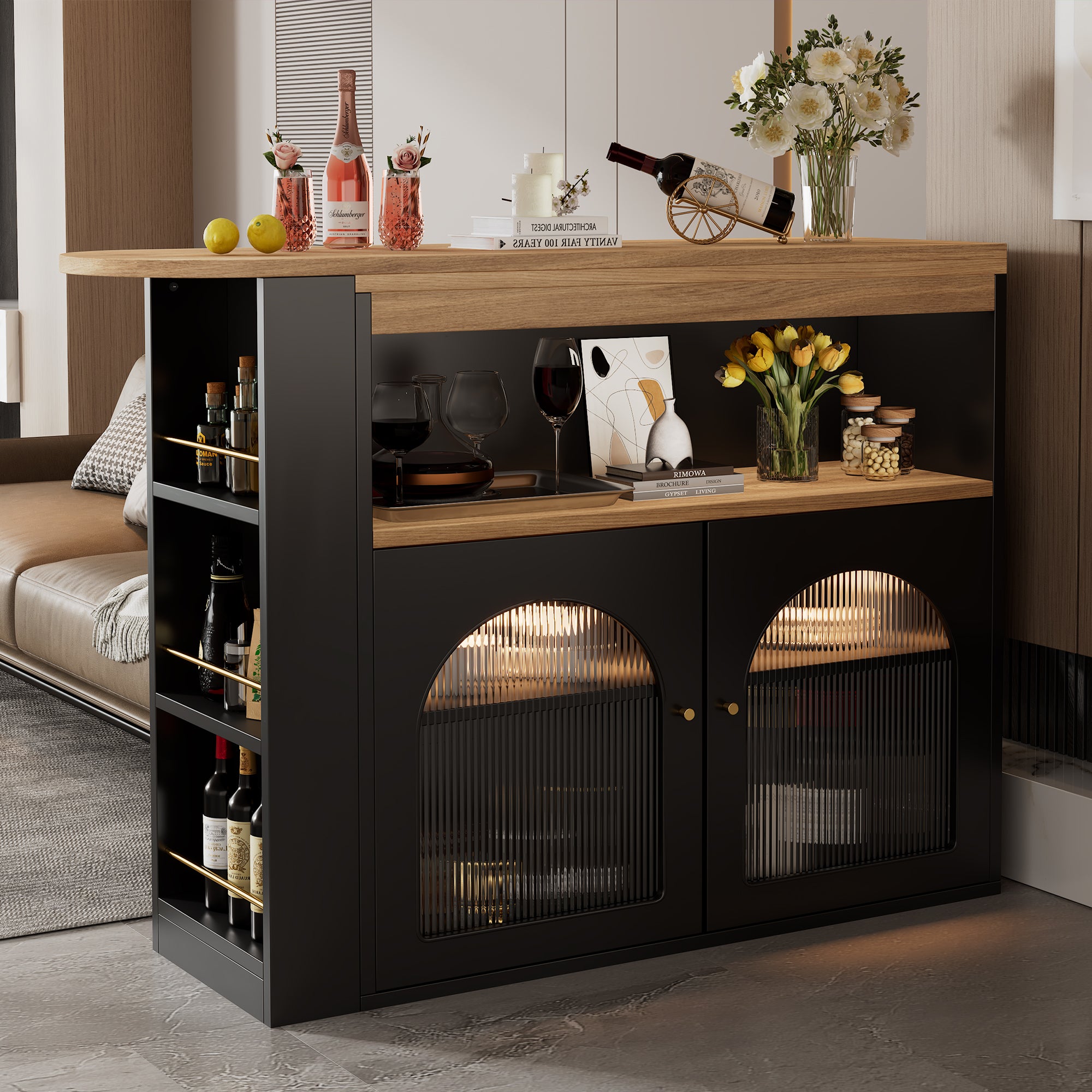 Modern Extendable Kitchen Island Table (138-193X39X105CM), Extendable Dining Table with Storage, Bar Bistro Table, Swivel, for Dining Room, with 1m LED Strip (Adjustable Light Colour),Schwarz