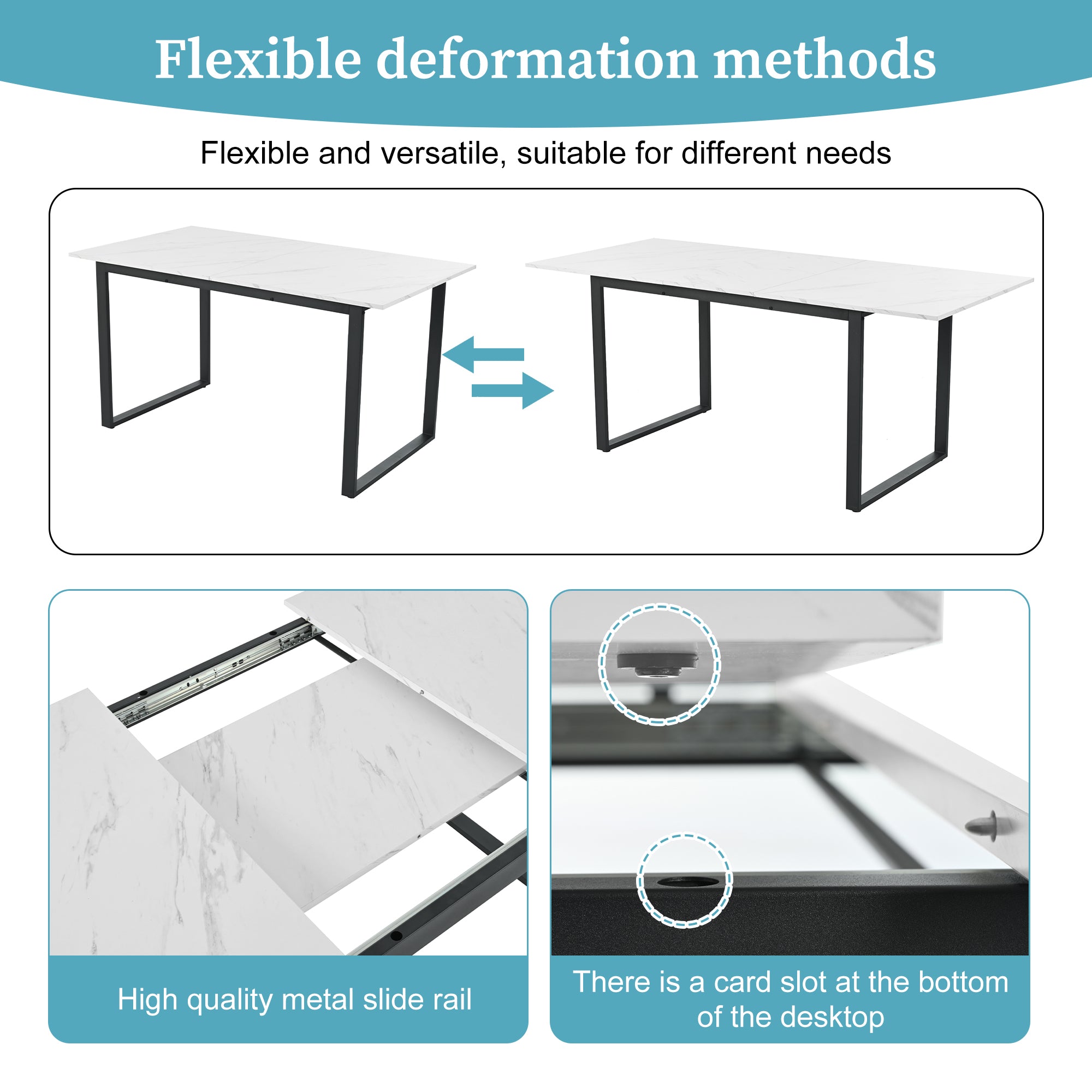Dining table telescopic table, 140/180x80x75cm, iron metal legs & square tube legs (modern white MDF table top with marble patterns), dual use for home & office