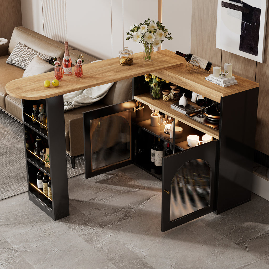 Modern Extendable Kitchen Island Table (138-193X39X105CM), Extendable Dining Table with Storage, Bar Bistro Table, Swivel, for Dining Room, with 1m LED Strip (Adjustable Light Colour),Schwarz