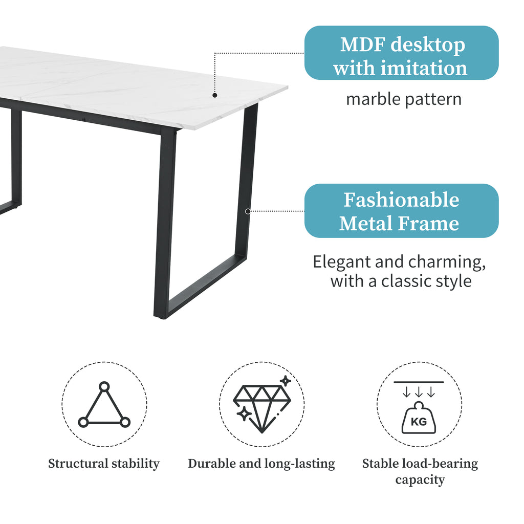 Dining table telescopic table, 140/180x80x75cm, iron metal legs & square tube legs (modern white MDF table top with marble patterns), dual use for home & office