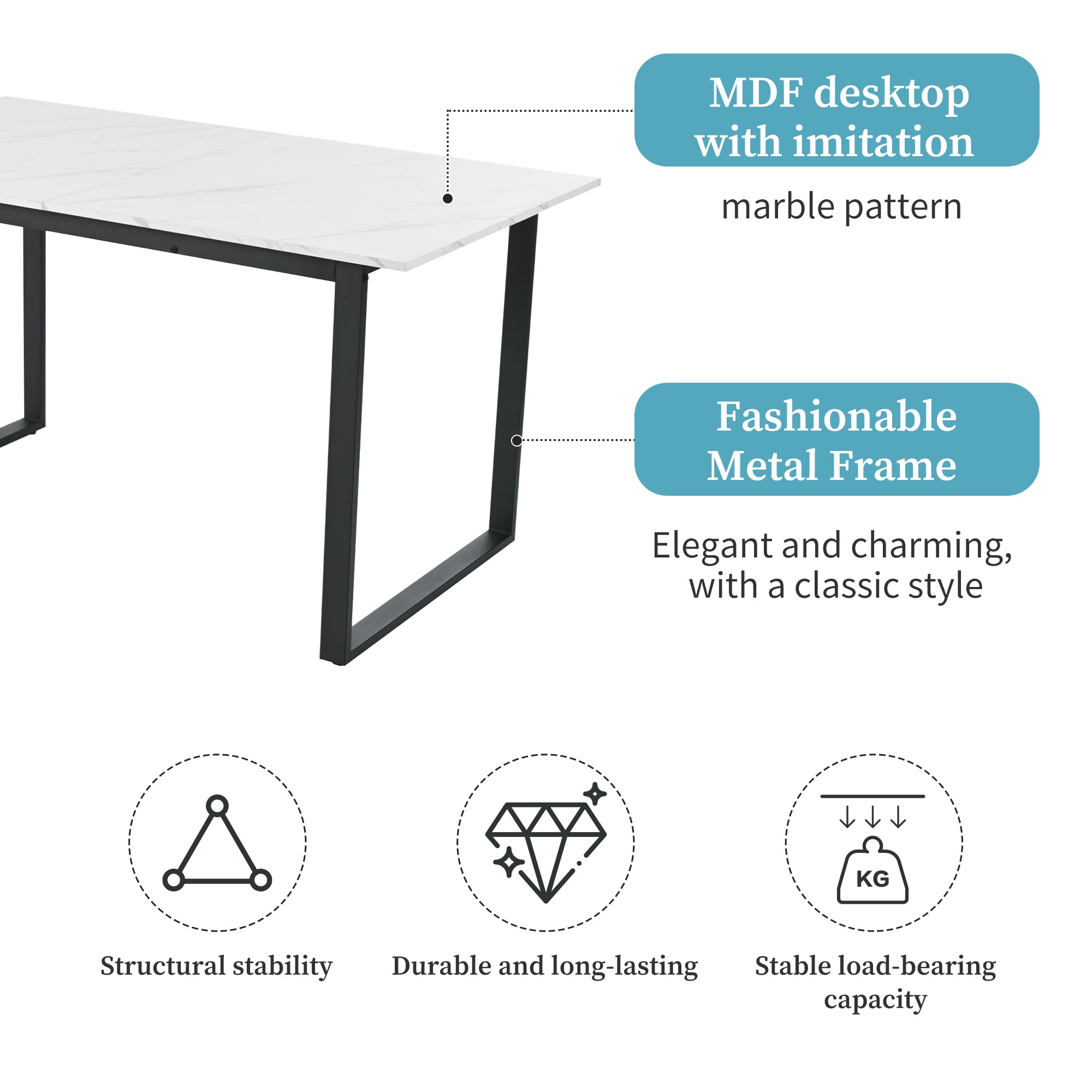 Dining table telescopic table, 140/180x80x75cm, iron metal legs & square tube legs (modern white MDF table top with marble patterns), dual use for home & office