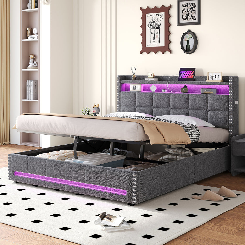 5ft King Upholstered Bed with Hydraulic Storage, LED Rivet  Storage Bed with Charging Station, Button Tufted Headboard with USB and Type - C Ports, No Box Spring Needed, Linen,  Grey (No Mattress)