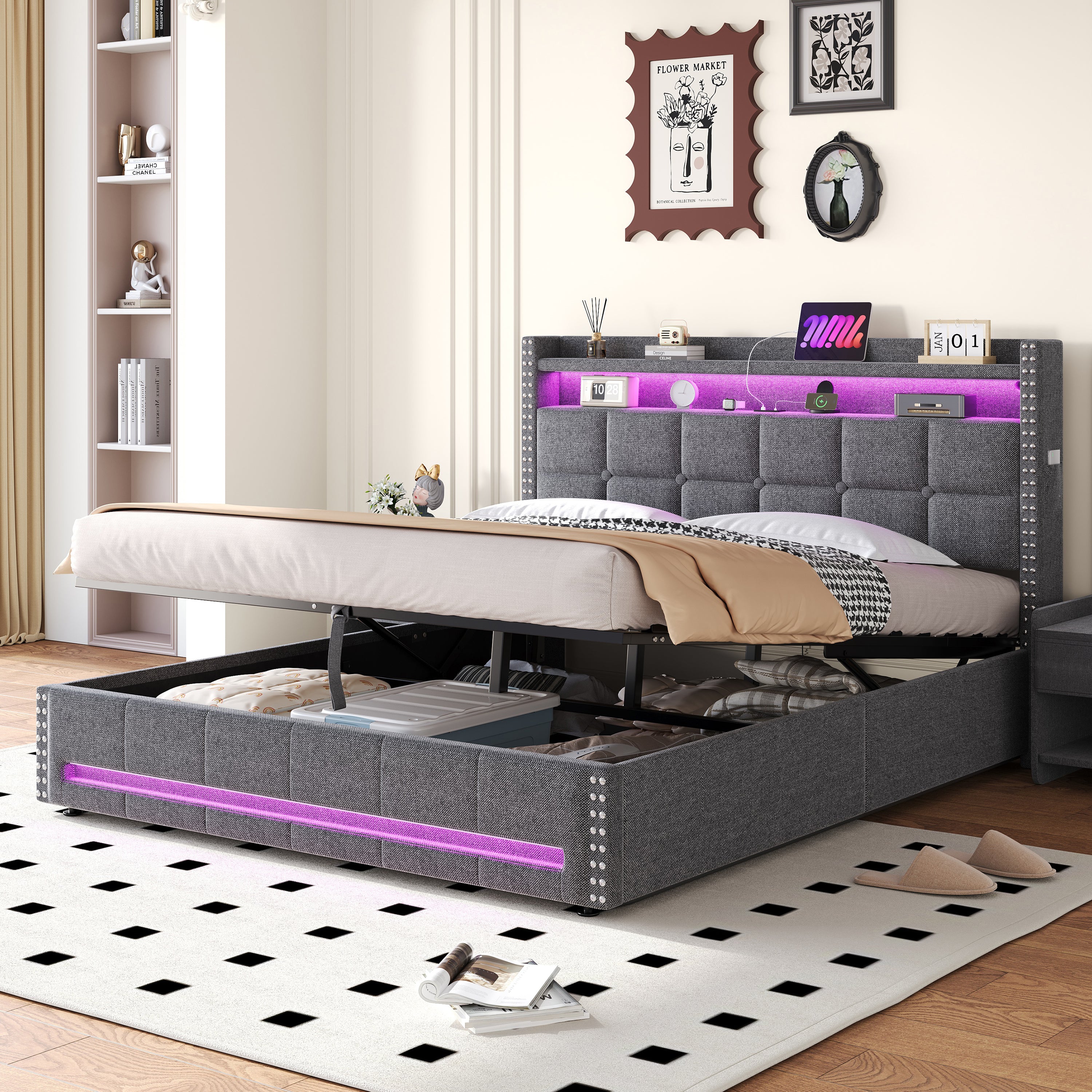 4ft6 Double Upholstered Bed with Hydraulic Storage, LED Rivet  Storage Bed with Charging Station, Button Tufted Headboard with USB and Type - C Ports, No Box Spring Needed, Linen,  Grey (No Mattress)