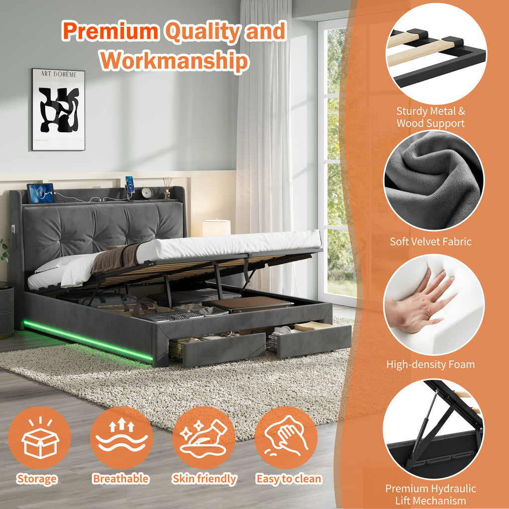 4ft6 Double Upholstered Bed Frame with Hydraulic and Drawers Storage, Back Cushion Headboard with Charging Station,  Velvet Ottoman Hydraulic Bed with RGB LED Lighting, Grey (No Mattress)