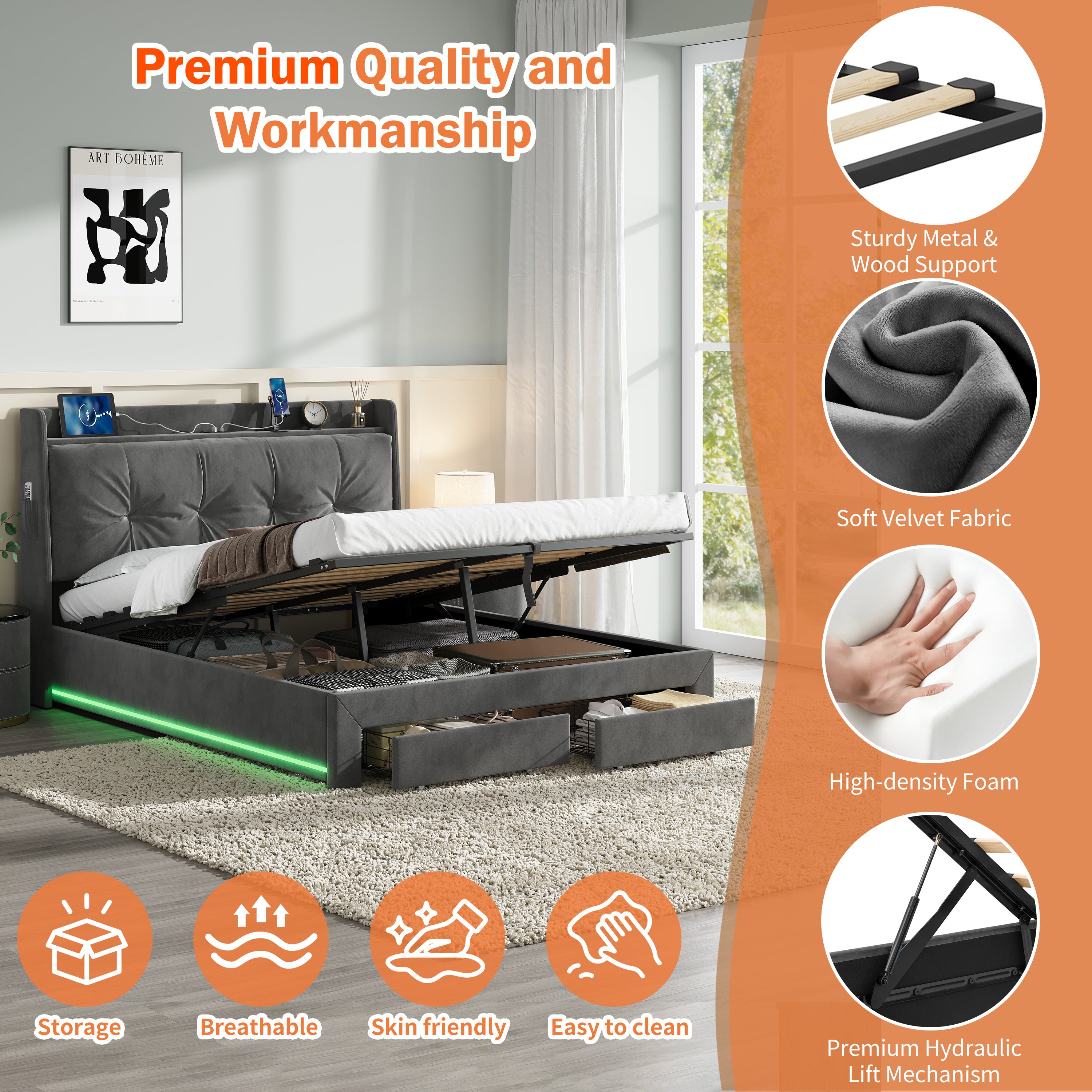 4ft6 Double Upholstered Bed Frame with Hydraulic and Drawers Storage, Back Cushion Headboard with Charging Station,  Velvet Ottoman Hydraulic Bed with RGB LED Lighting, Grey (No Mattress)
