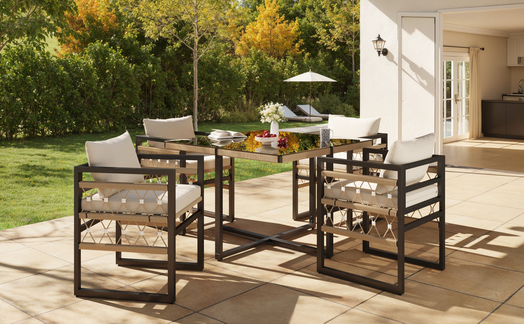 Hand-Woven Garden Sofa Set for 4 People / Made of Sturdy Iron with 4 Beige Cushions / Incl. 1 Safety Glass Table & 4 Armchairs / Weather-Resistant Patio Furniture