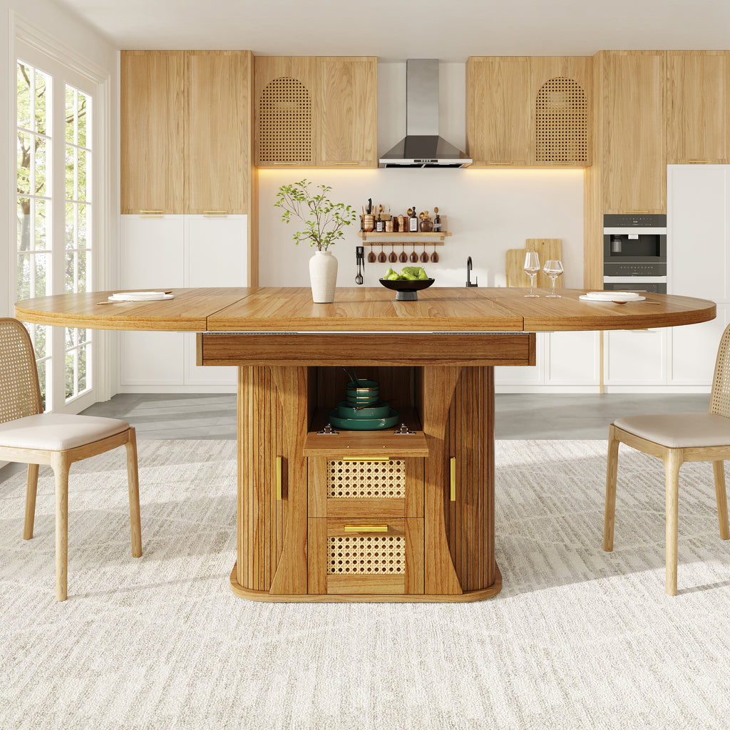 Extendable dining table with storage, 118–158cm table with rattan drawers, MDF wood look, black / natural wood / brown