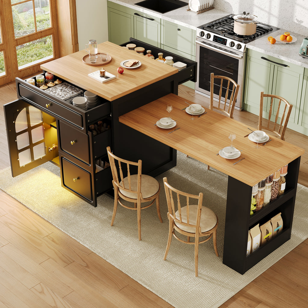 Extendable bar table with storage (122.5-195.5×70×93.5cm), with four drawers and curved glass door, kitchen island with extendable table, LED color light, for 2-6 people, kitchen dining cart with side