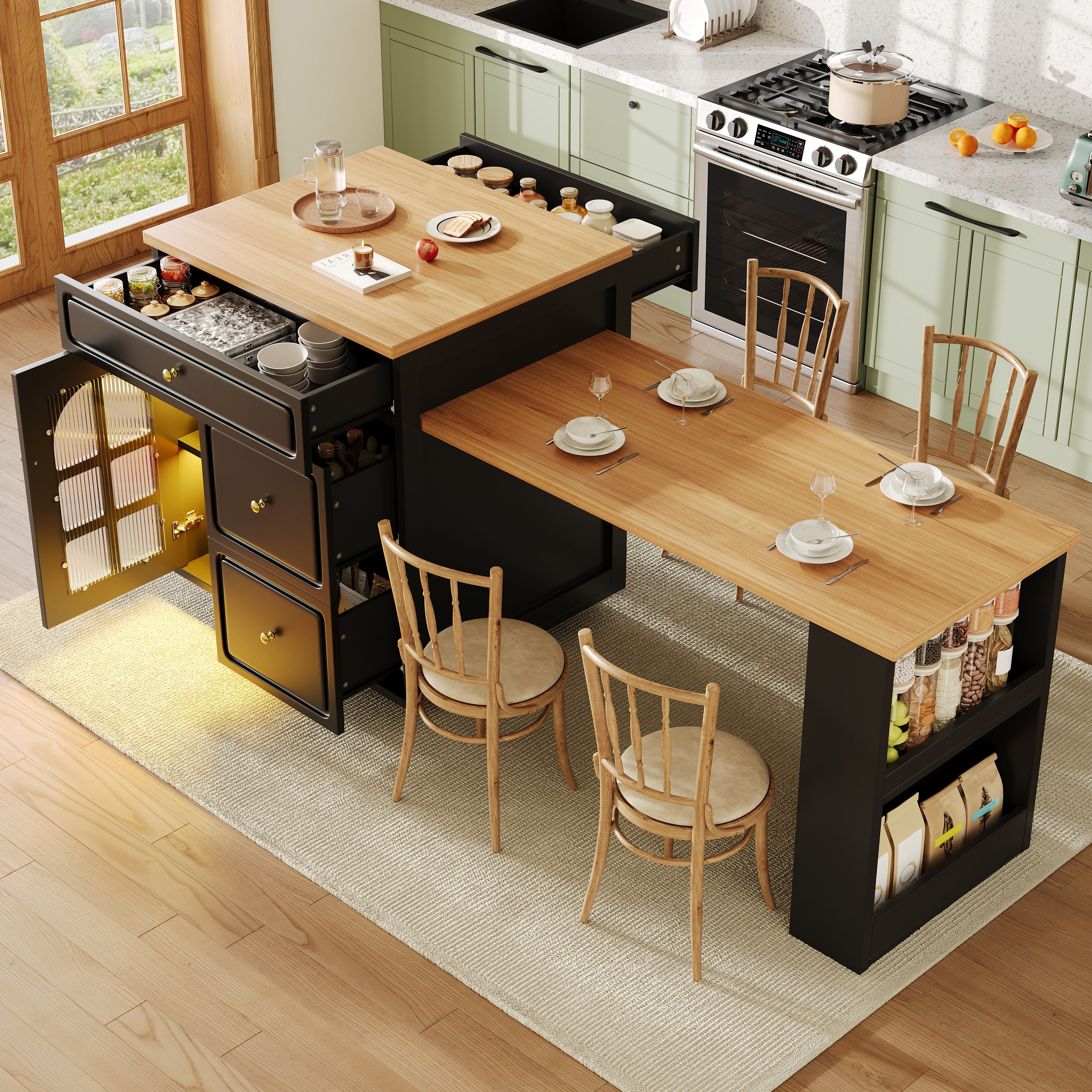 Extendable bar table with storage (122.5-195.5×70×93.5cm), with four drawers and curved glass door, kitchen island with extendable table, LED color light, for 2-6 people, kitchen dining cart with side