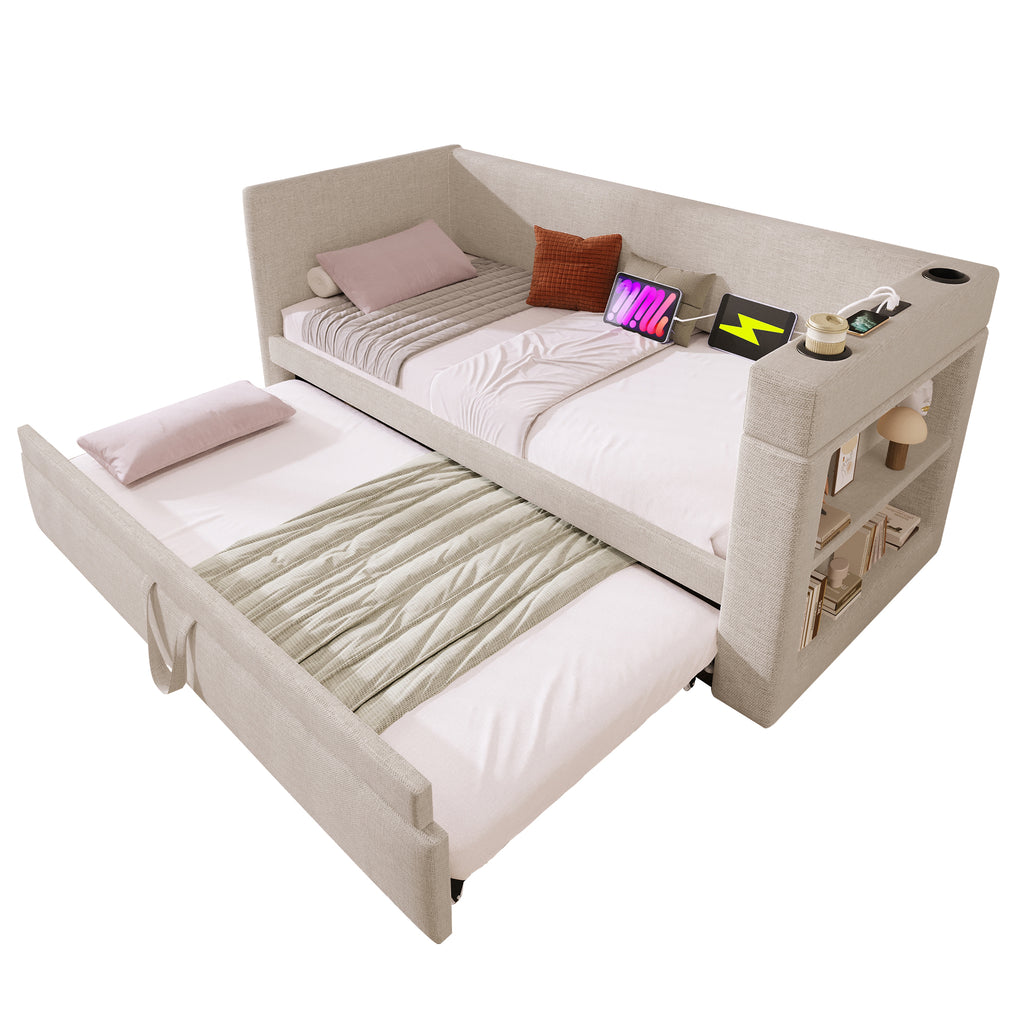 (=TT20148990B) Daybed Upholstered Bed 90 x 190 cm, 3FT Single Sofa Bed with Cup Holders, USB &Type C Charging Station, Pull out Trundle for Living Room and Bedroom, Linen, Beige  (No Mattress)