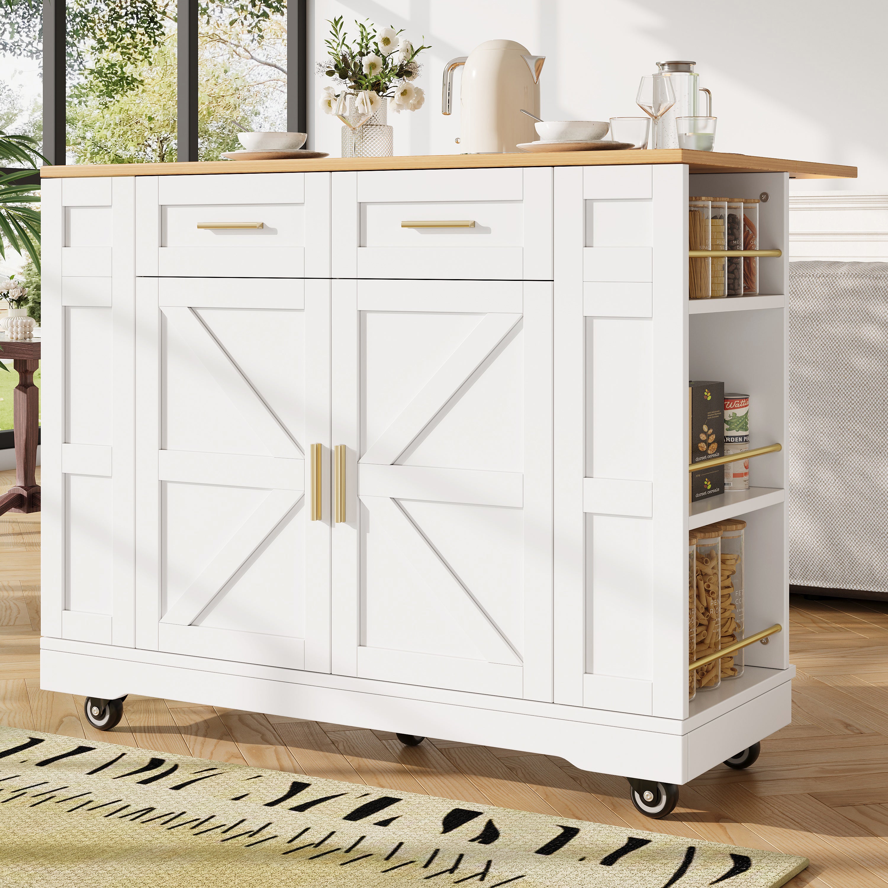 Kitchen Island on Wheels, Rolling Island Cart with 2 Drawers and Double-Sided Storage Racks, Storage Cabinet with Foldable Worktop, Mobile Carts, Portable Trolley for Home and Kitchen, White