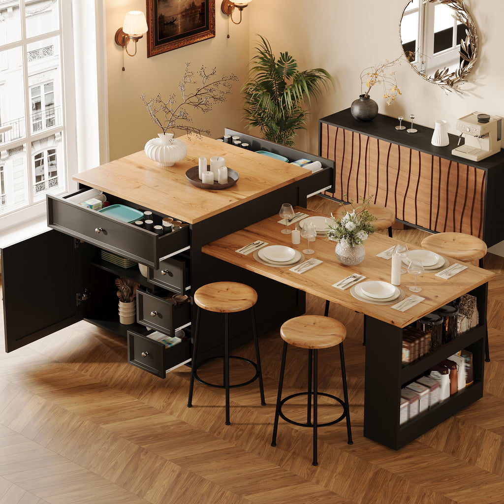 Extendable kitchen island (120-184 cm) with drawers and casters, mobile kitchen island with wood-look tabletop, versatile counter island for kitchen, dining room & bar counter, white/black