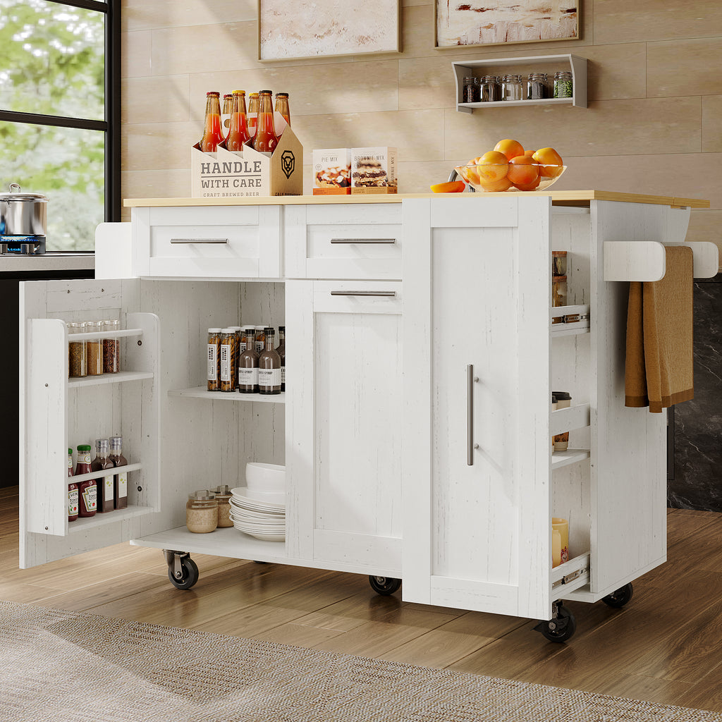 Modern kitchen island, kitchen cabinet, buffet cabinet, dining cart with wood grain, dining table with storage space, dining cart with snack shelves and stretch function cabinets, white