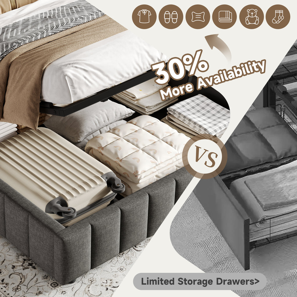 4ft6 Double Upholstered Storage Bed Frame, No Headboard  Linen Bed Frame with Hydraulic Storage, Channel Tufted  Ottoman Bed, Metal-Wood Support, No Box Spring Needed, Easy Assembly,Grey (No Mattress)