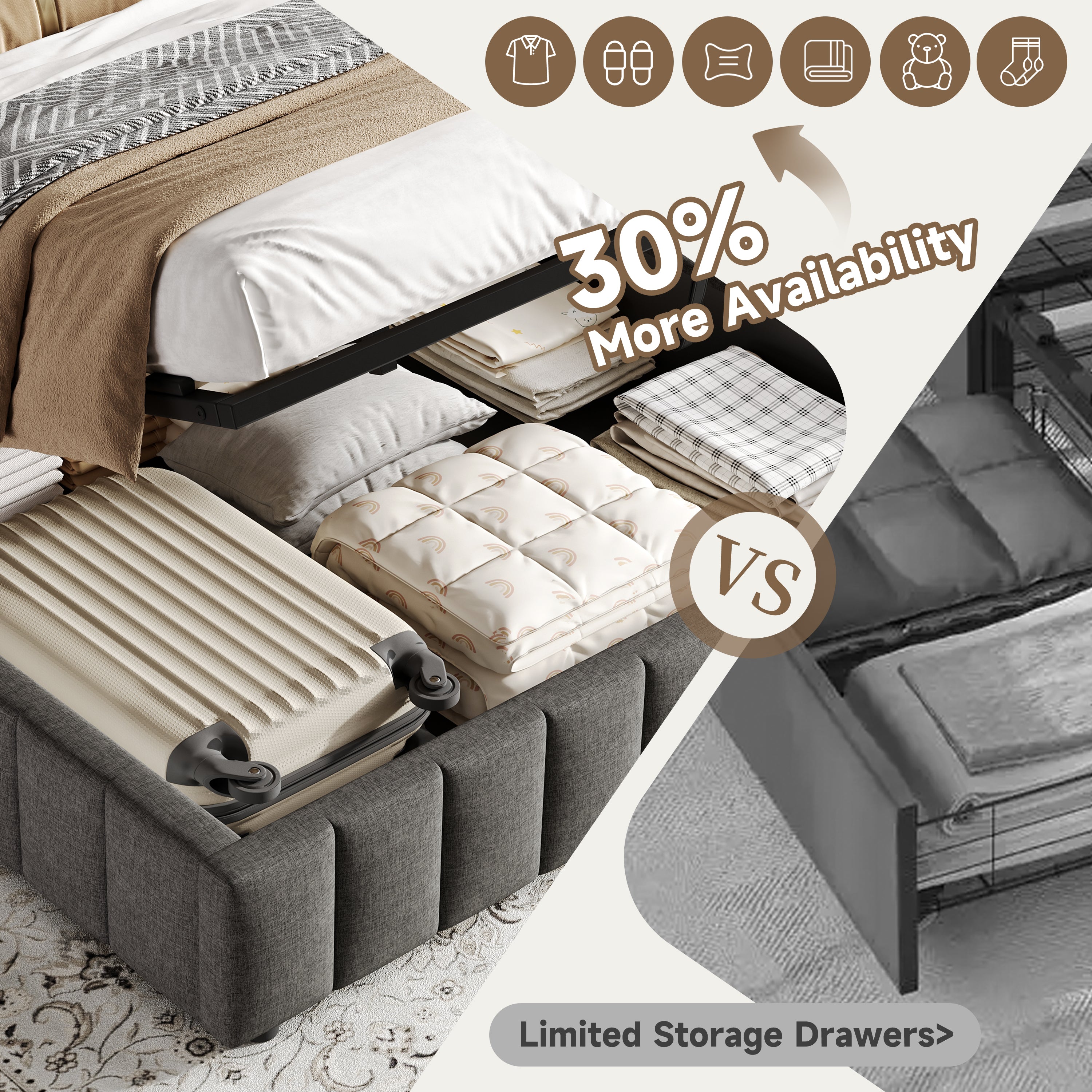 4ft6 Double Upholstered Storage Bed Frame, No Headboard  Linen Bed Frame with Hydraulic Storage, Channel Tufted  Ottoman Bed, Metal-Wood Support, No Box Spring Needed, Easy Assembly,Grey (No Mattress)