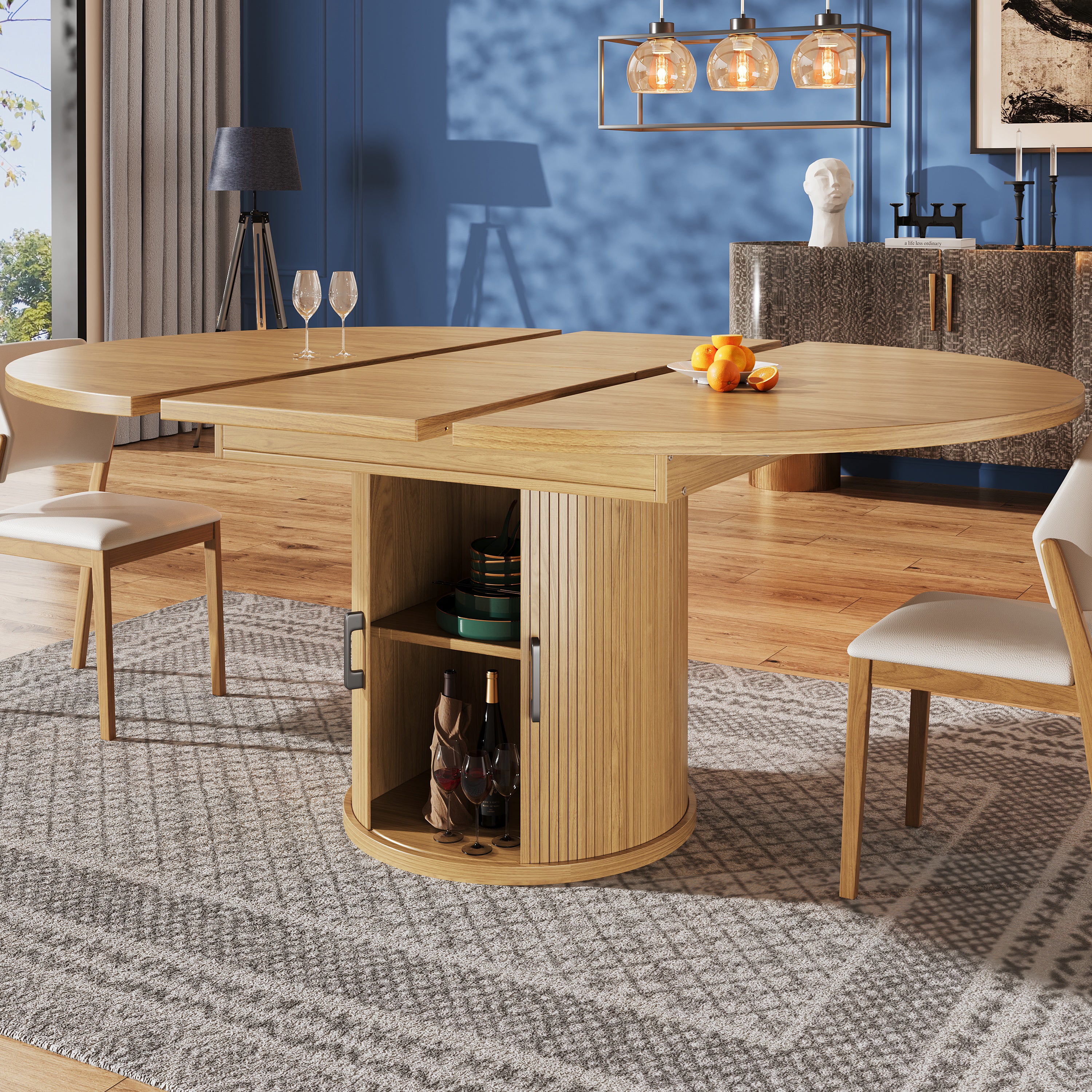Extendable dining table, dining room table, kitchen table, balcony table, extendable table top Round dining table, extends to oval, 118–158 cm, seats up to 6 people, natural