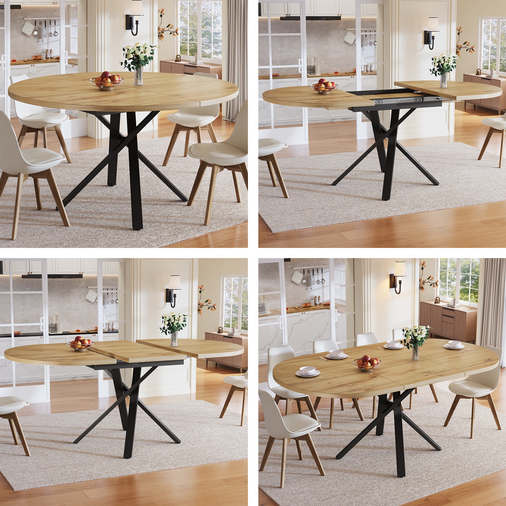 Extendable dining table 100-140cm, round-oval table, stable X-metal frame, adjustable feet, wood look