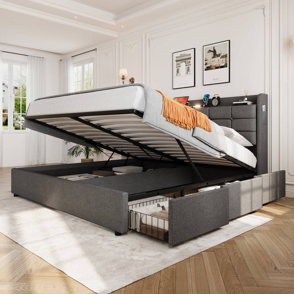 5ft King Bed Frame with Hydraulic Storage, Linen Upholstered  Bed with Concealed Headboard Storage and Drawers, Button Tufted Headboard with Charging Station and LED Night Light, Grey (No Mattress)