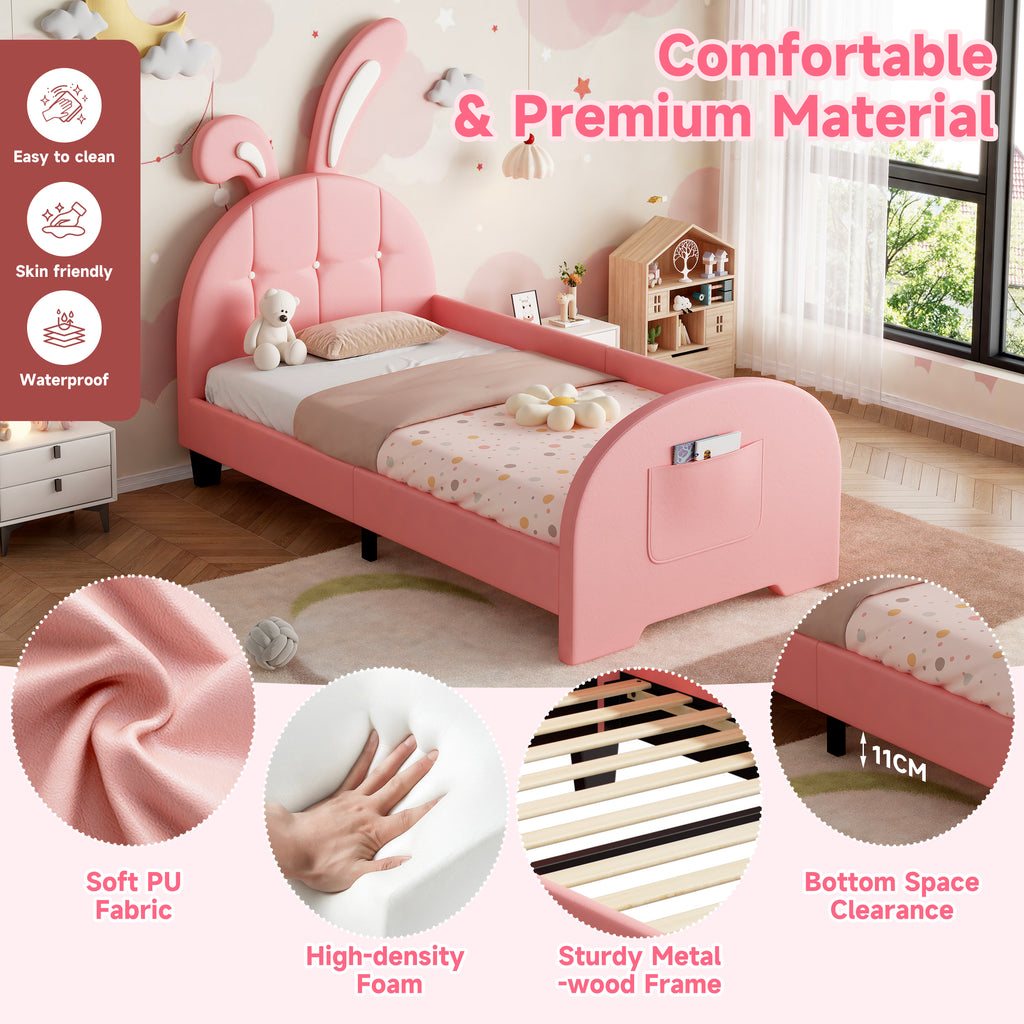 3ft Single Rabbit-Shaped Upholstered Bed Frame, Bunny Ear Headboard & Footboard Storage Pocket, Soft PU Leather Single Bed with Sturdy Metal-Wood Frame, Pink(No Mattress)