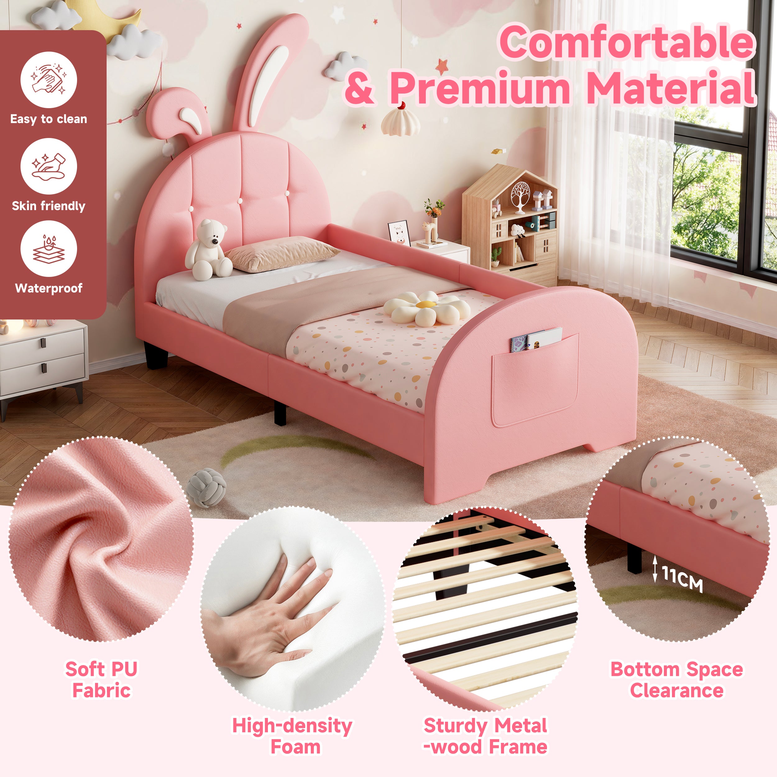 3ft Single Rabbit-Shaped Upholstered Bed Frame, Bunny Ear Headboard & Footboard Storage Pocket, Soft PU Leather Single Bed with Sturdy Metal-Wood Frame, Pink(No Mattress)