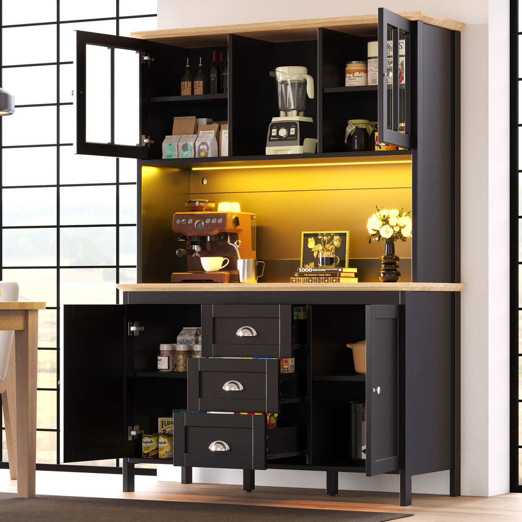 Sideboard, Storage Cabinet, Kitchen Cabinet, Tall Sideboard with LED Lighting, 120x40x179 cm, 4 Doors & 3 Drawers, White/Black