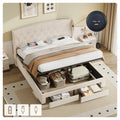 Double Upholstered Bed with Hydraulic and Drawers Storage, Button tufted Headboard with Wingback and Charging Station,  USB and Type - C Ports, No Box Spring Needed, Linen, Beige (No Mattress)
