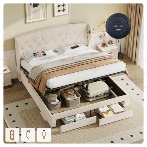 Double Upholstered Bed with Hydraulic and Drawers Storage, Button tufted Headboard with Wingback and Charging Station,  USB and Type - C Ports, No Box Spring Needed, Linen, Beige (No Mattress)