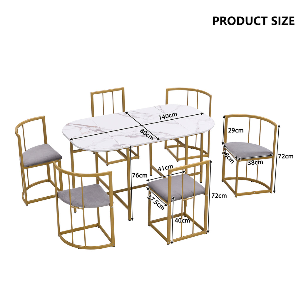Six-Chair Dining Table Set:(White Table, Chairs with Backrests and Gray Upholstery, Gold Iron Frame),Dining Room Table and Chair Set,Modern Dining Table Combination