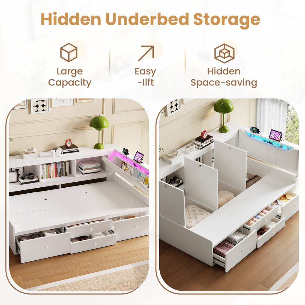 3ft Single Tatami Wooden Bed Frame with Underbed Storage and Drawers, LED Linen Headboard with Charging Station and Concealed Headboard Storage, Bedside Bookshelf Compartment, White (No Mattress)