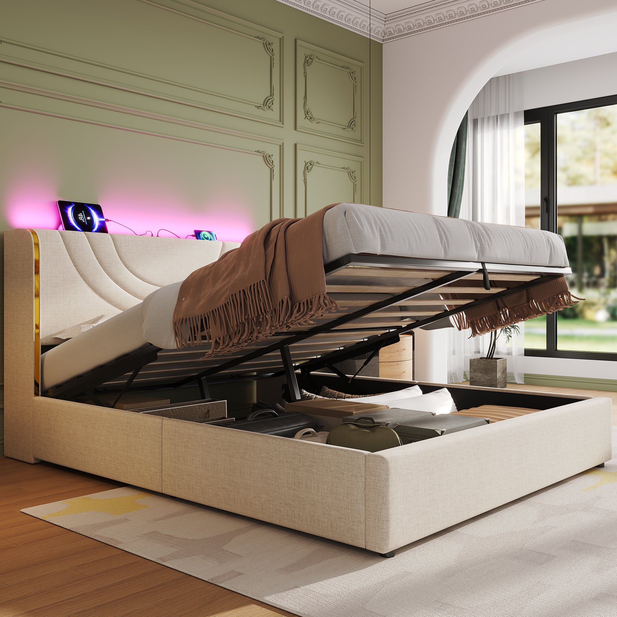 5ft King Upholstered Bed Frame with Hydraulic Storage, LED Headboard with Charging Station and Chrome Trim, USB and Type-C Ports, Linen, No Box Spring Needed, Beige (No Mattress)