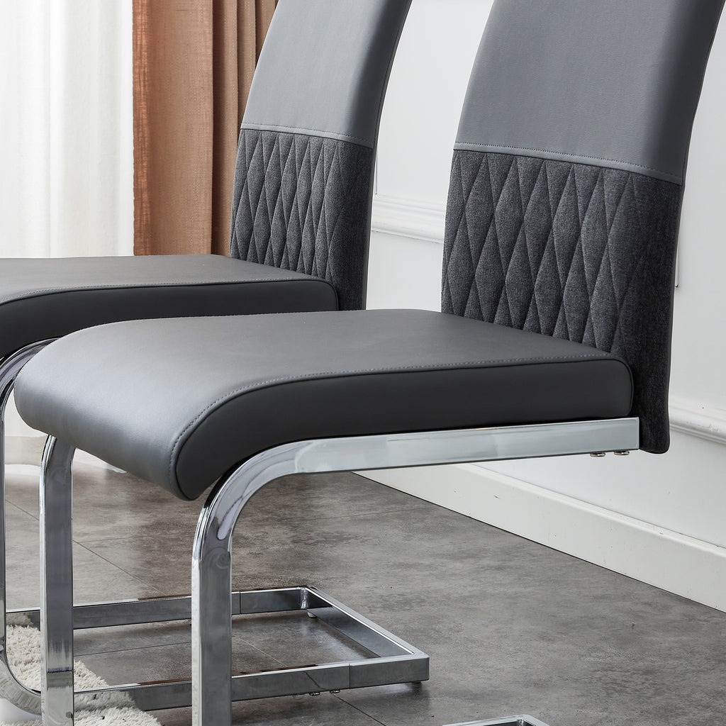 Modern dining chairs set of 2, backrest made of PU faux leather and linen, high back padded side chair, horizontal stripes backrest design for dining room, kitchen, guest office chair, gray