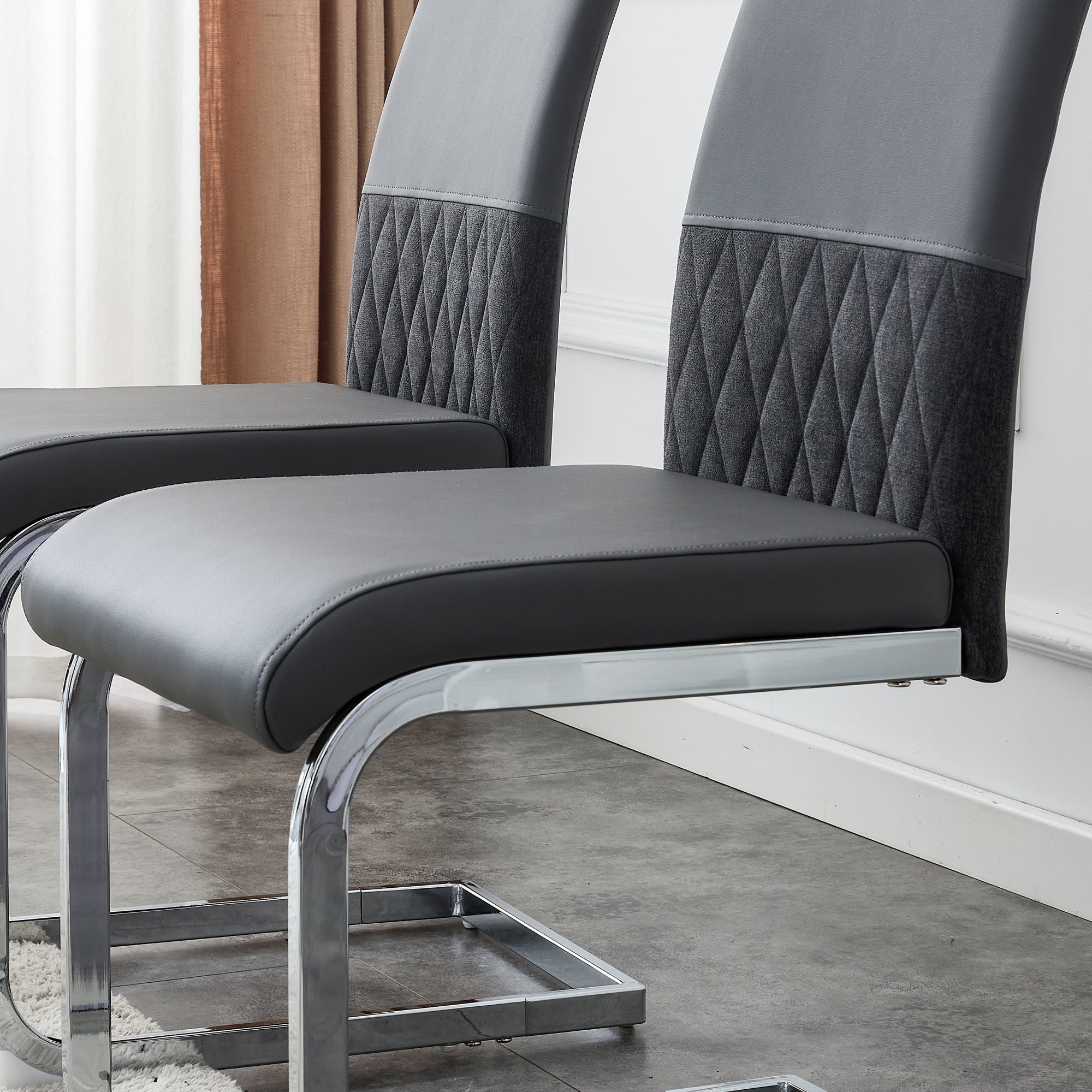 Modern dining chairs set of 2, backrest made of PU faux leather and linen, high back padded side chair, horizontal stripes backrest design for dining room, kitchen, guest office chair, gray