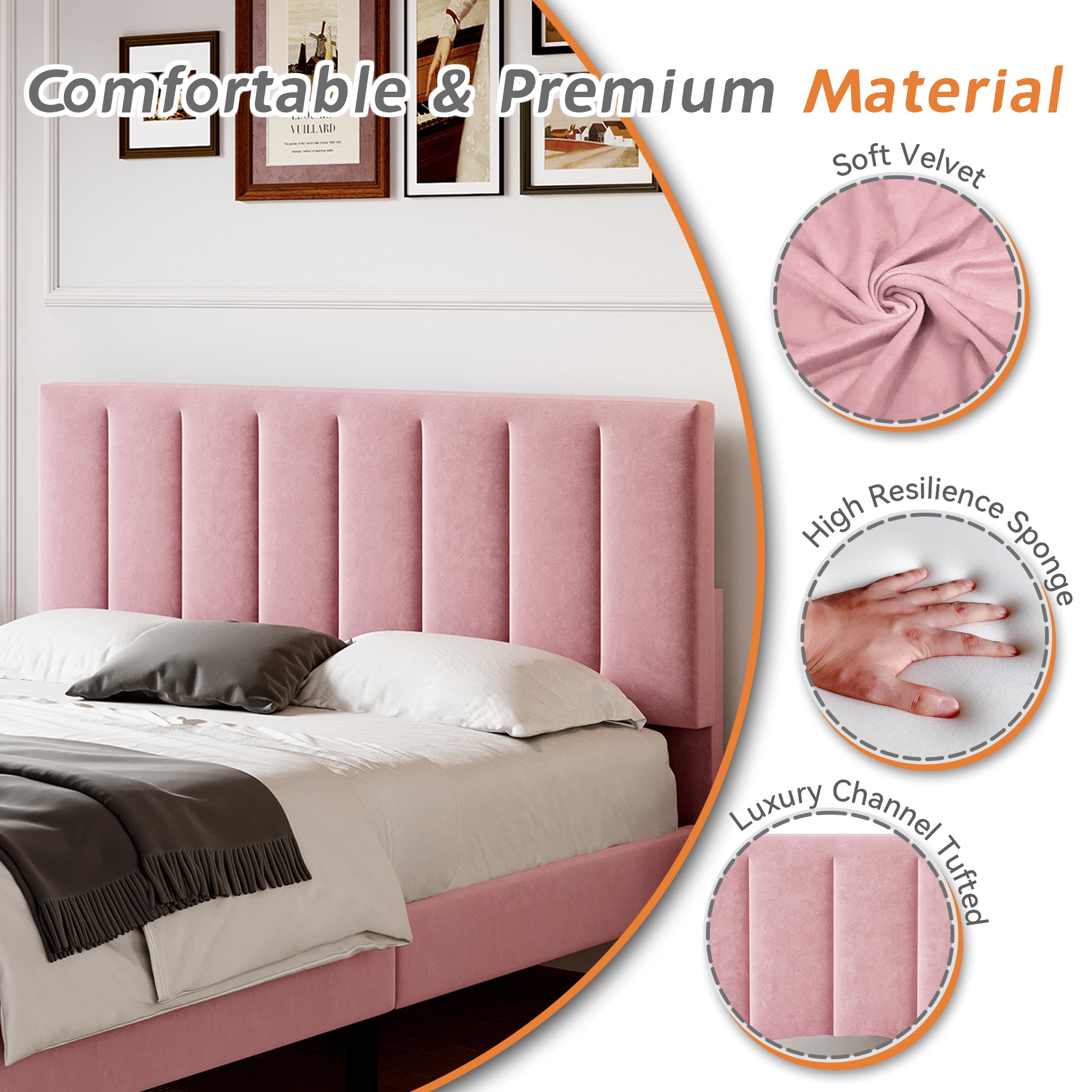 4ft6 Double Upholstered Velvet Bed Frame, with Adjustable Channel Tufted Headboard, Velvet Platform Bed Frame with Solid Wood Slat and Mute Foam, No Box Spring Needed, Easy Assembly, Pink