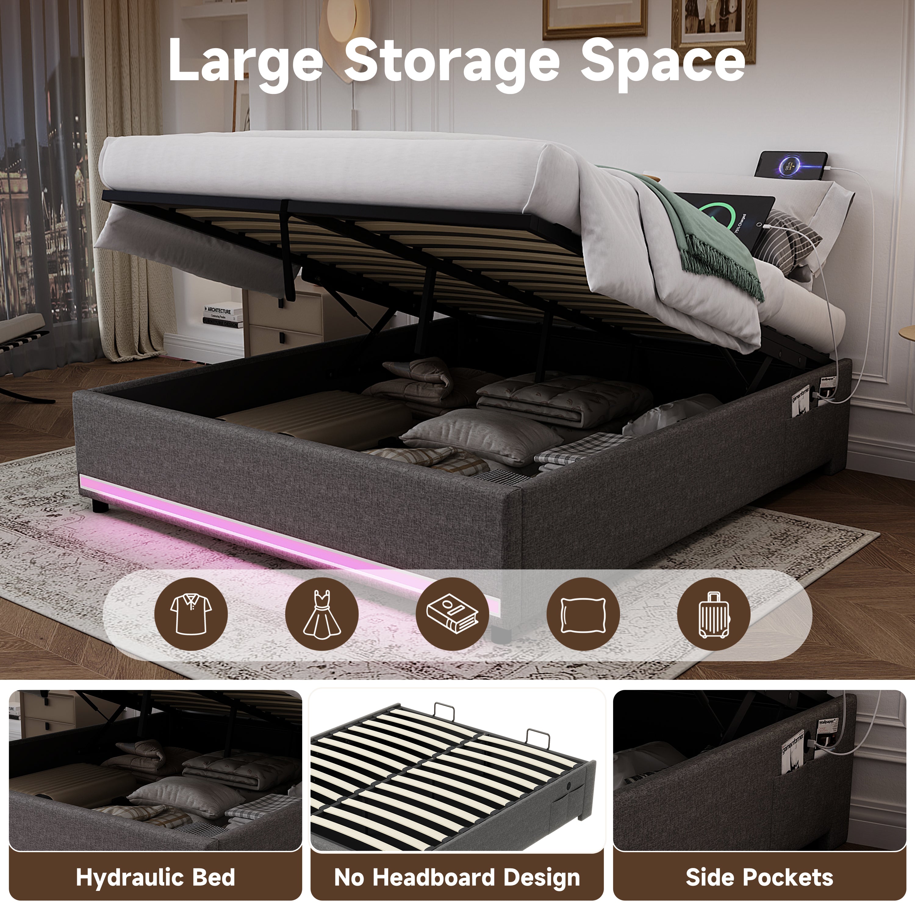 4ft6 Double Hydraulic Storage Bed, No Headboard Linen Bed Frame with APP Control LED Lights, Side Charging Station, Side Pockets, Grey (No Mattress)