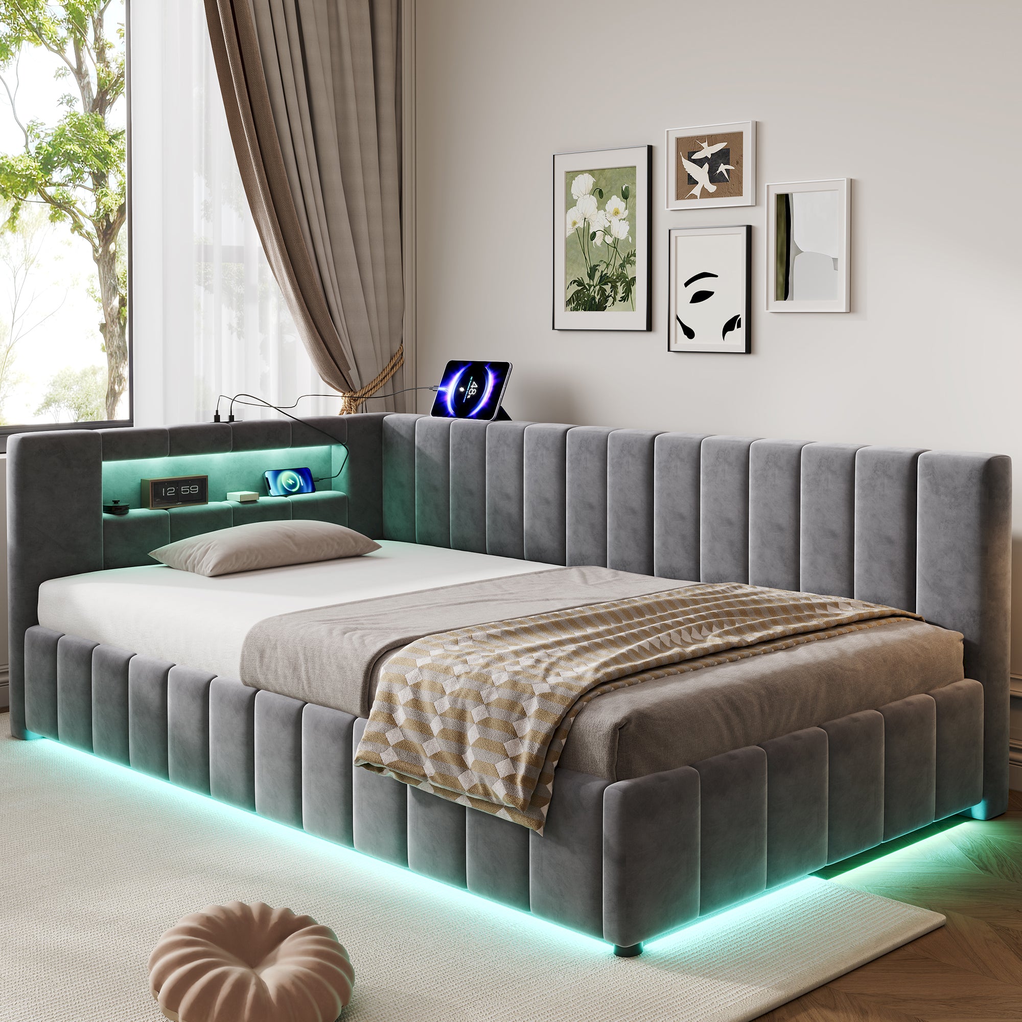 3ft Single Velvet Side Hydraulic Storage Bed with Smart RGB LED Lights & Charging Station, Side Opening Ottoman Bed Frame with Type-C & USB Ports, Channel Tufted, Grey(No Mattress)