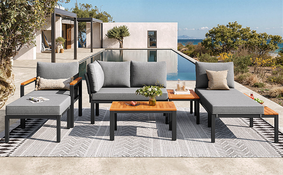 Modular Outdoor Sofa Set with Free Combination, Aluminium Frame, Breathable Cushions, Wooden Coffee Table & Side Table, for Patio, Garden & Backyard