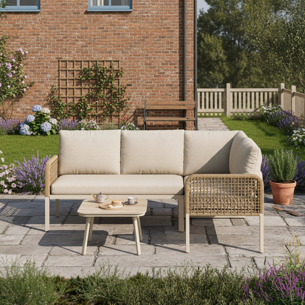 Garden Set with Wood-look Tempered Glass Table, Convertible 4 Seater Polyester Rope Conversation Set with Sofa and Armchairs, Weatherproof Outdoor Patio Corner Sofa for Balcony and Terrace,Beige