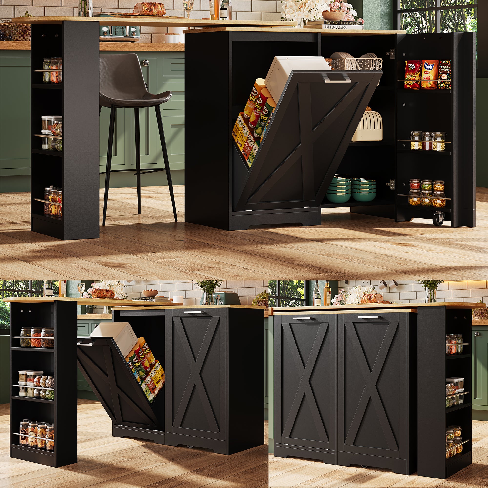 360° Rotating Kitchen Island, Modern Minimalist, Multifunctional Storage Cabinet, Ideal for Bedroom Living Room Dining Room, Swivel Sideboard with Side Shelves, Black Finish, Folding Door Design