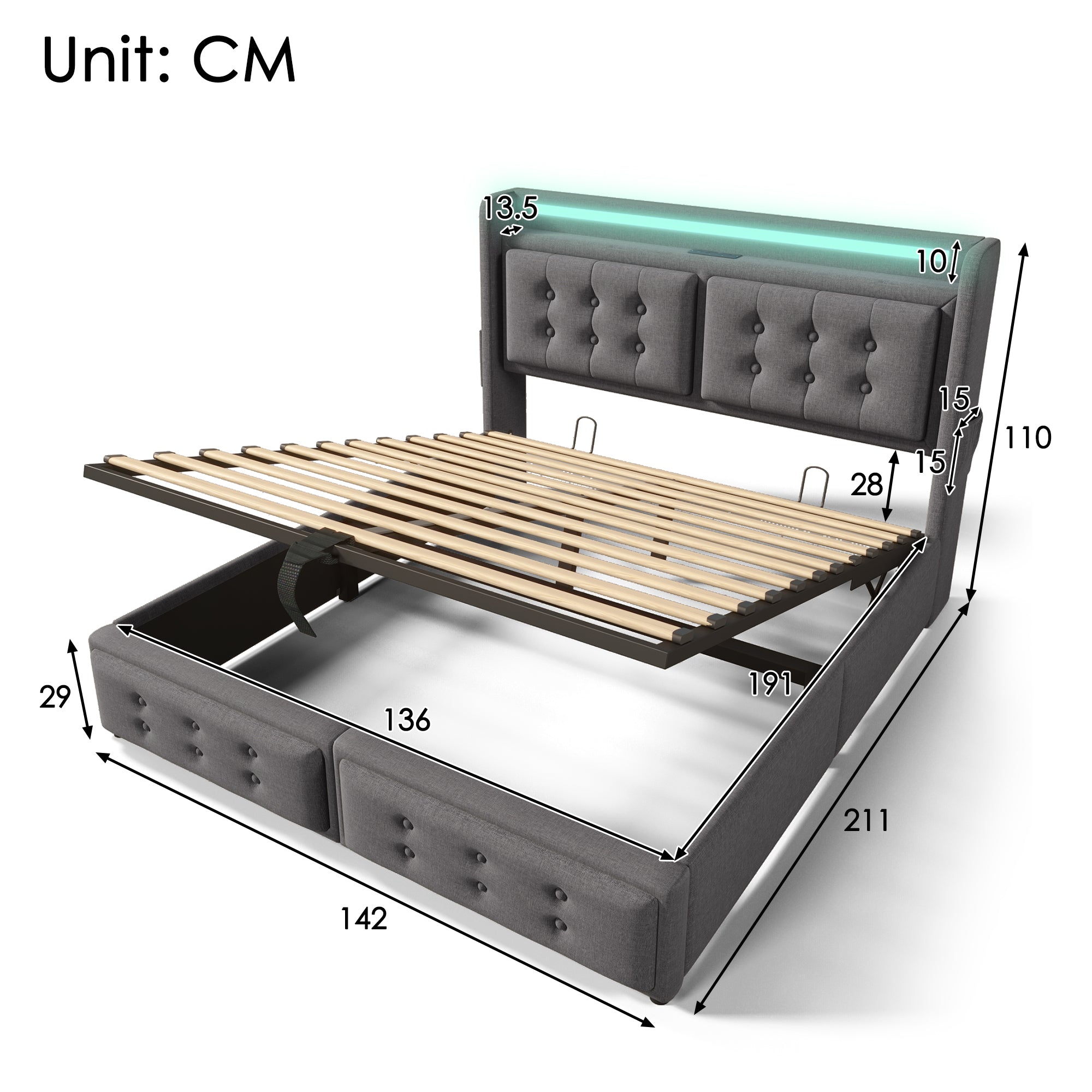 Upholstered Double Bed, 4FT6 Hydraulic Bed with LED Lighting, USB Type-C Charging, Headboard for Cellphones & Tablets, 135 x 190 cm, Linen, Grey (No Mattress)