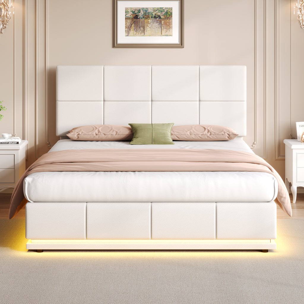 Ottoman Double Bed with LED Lighting, PU Leather Upholstered Bed with Hydraulic Storage, 4ft6 Double Bed Frame with Adjustable Square Tufted Headboard, Cream White (No Mattress)