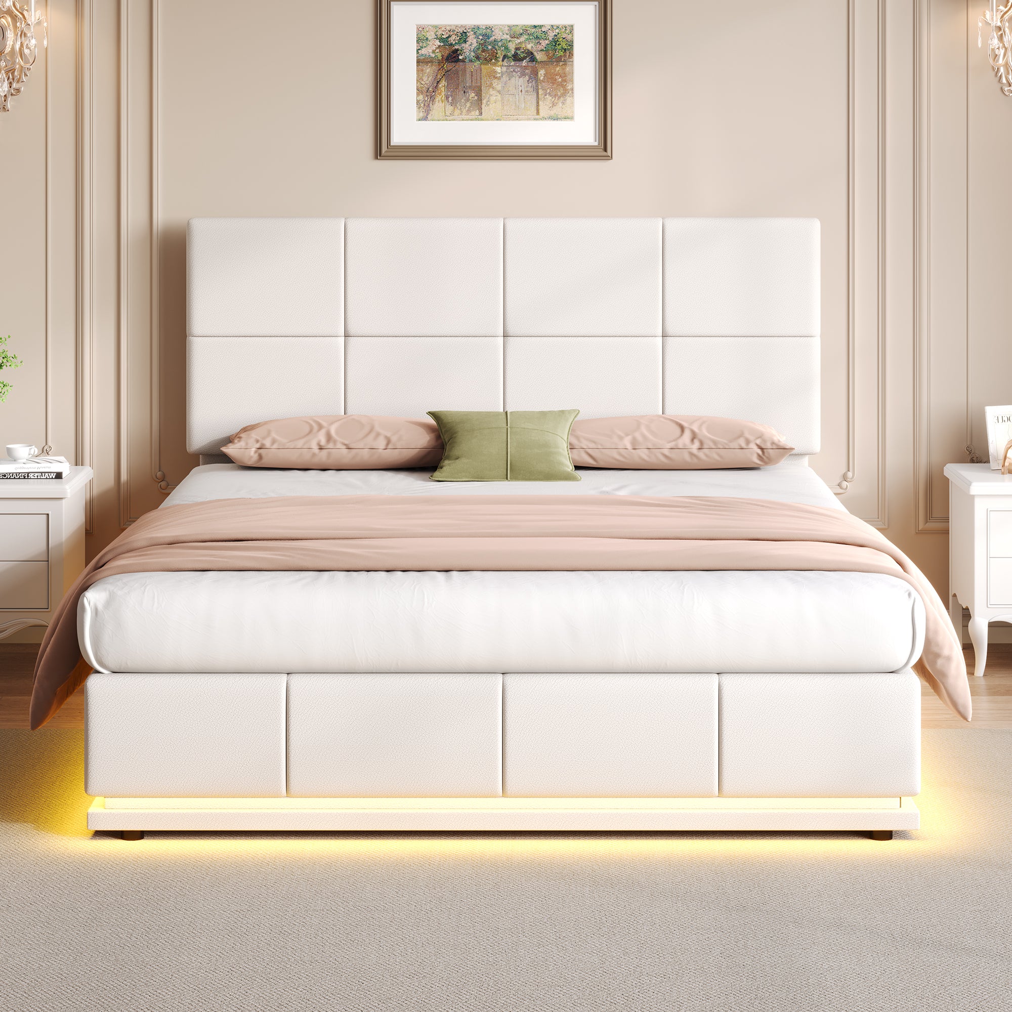 Ottoman Double Bed with LED Lighting, PU Leather Upholstered Bed with Hydraulic Storage, 4ft6 Double Bed Frame with Adjustable Square Tufted Headboard, Cream White (No Mattress)