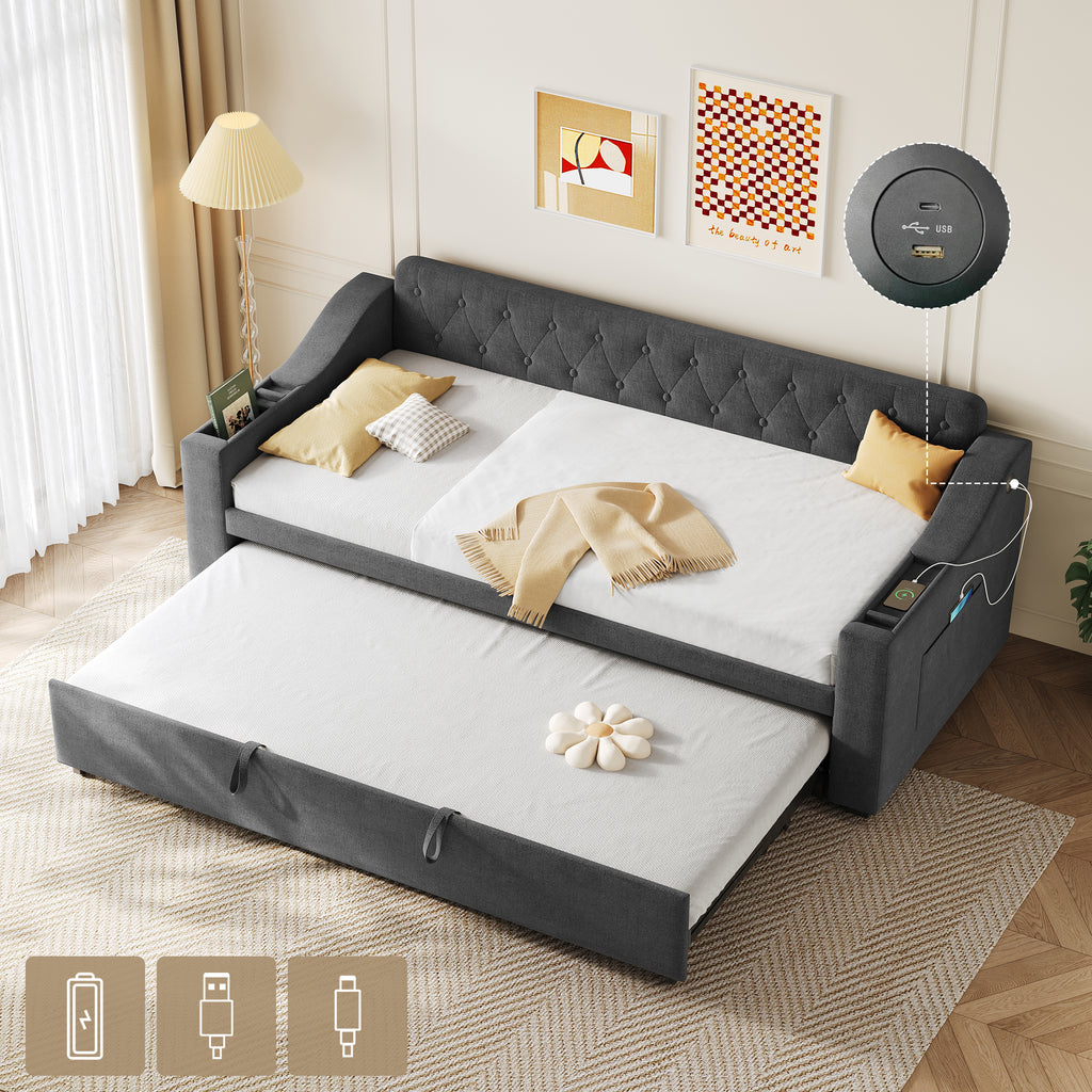 Upholstered Bed 90x190cm, Daybed, Sofa Bed with Charging Station, 3ft Single Linen Daybed with Armrest Storage. Pull out Trundle Bed for Living Room/ Bedroom/ Study Room, Grey (No Mattress)
