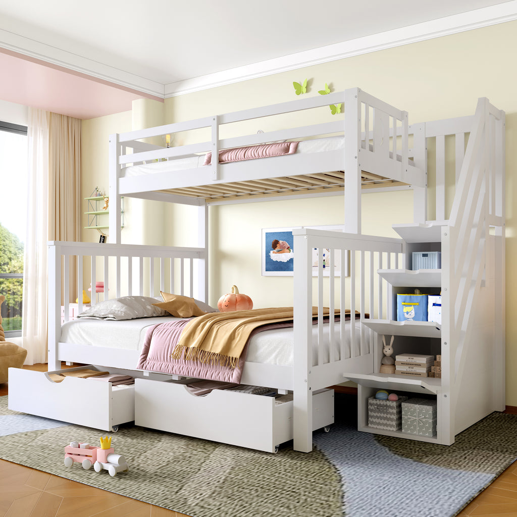 Bunk Beds for Kids, Double High Sleeper Bed Frame with Storage and Guardrail, Space-Saving Design with Drawer Storage, Children Cabin Bed with Storage Stair for Bedroom, Dorm, White (No Mattress)