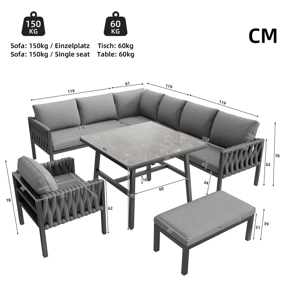 Garden furniture set, rope-weave outdoor sofa set with galvanized steel frame, adjustable legs, L-shaped sofa, tempered glass table top, includes all seat and back cushions, grey