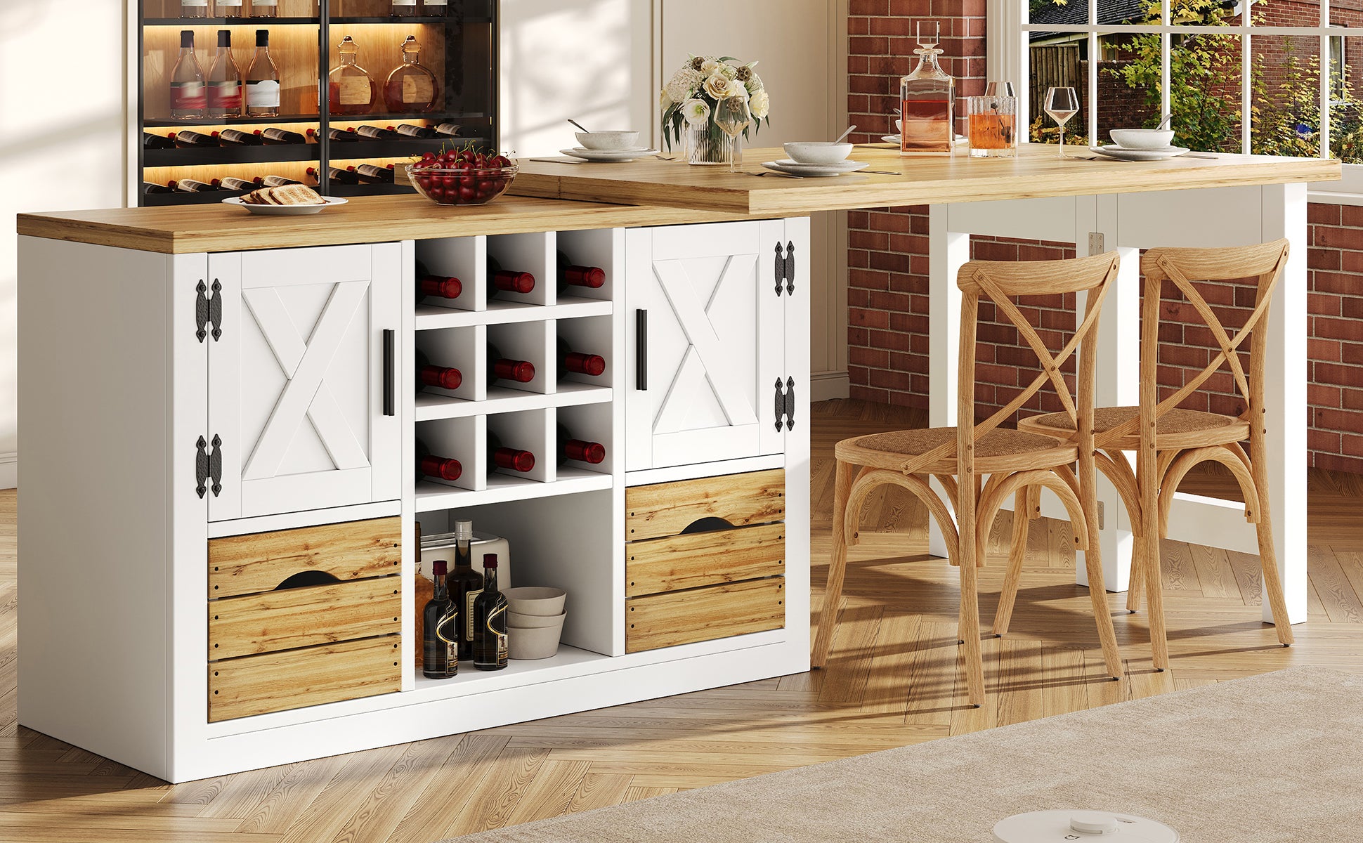 Extendable kitchen island dining table, Multifunctional dining table with sideboard, 360° rotating tabletop, extendable kitchen table with ample storage space, living room wall unit, white