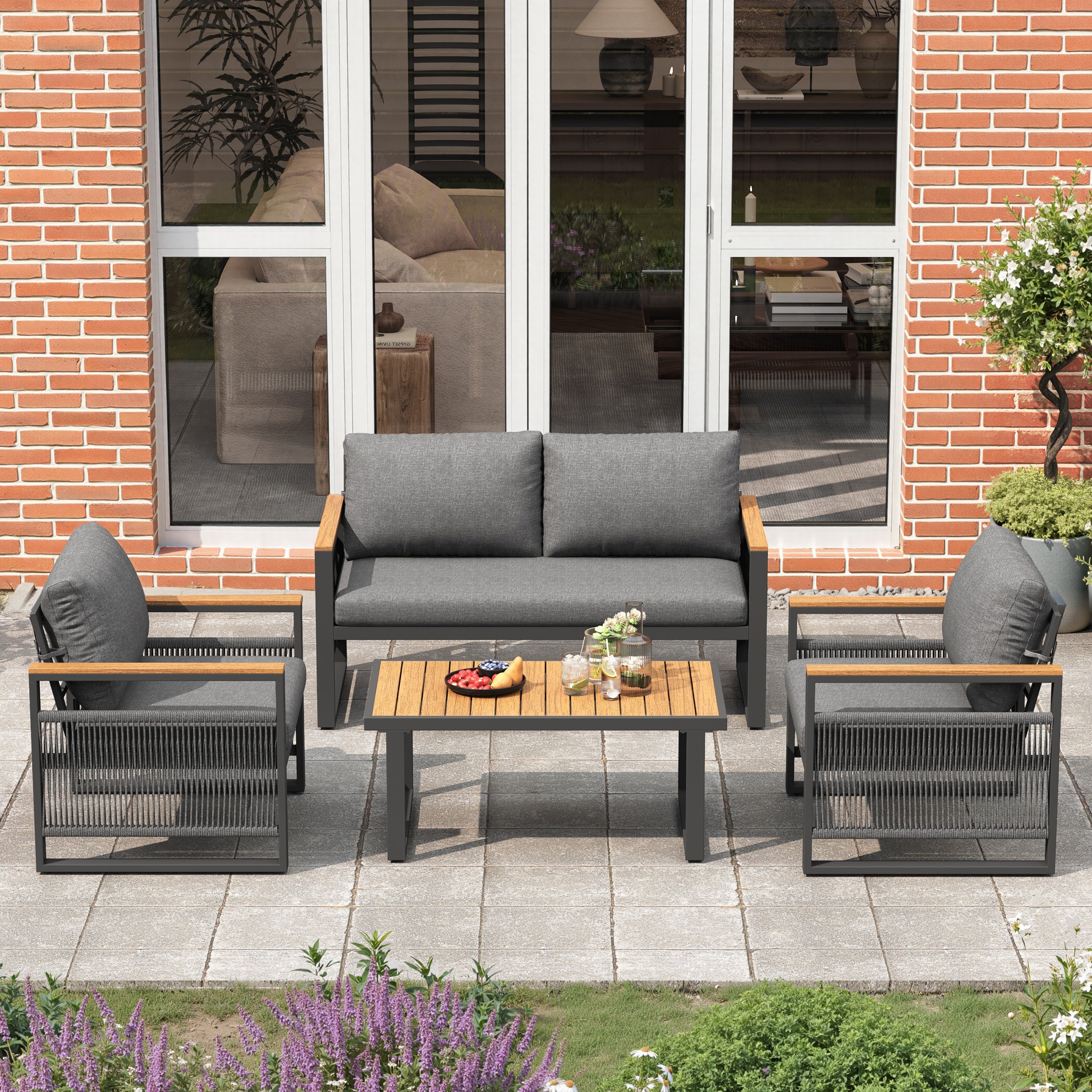 4 Seater Garden Set with Plastic Wood Coffee Table & Handrail, Polyester Rope Outdoor Set with Sofa and Armchairs, Weatherproof Outdoor Patio Sofa for Balcony and Terrace, Linen, Grey